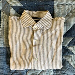Banana Republic Linen White & Tan Stripe Dress Shirt Medium